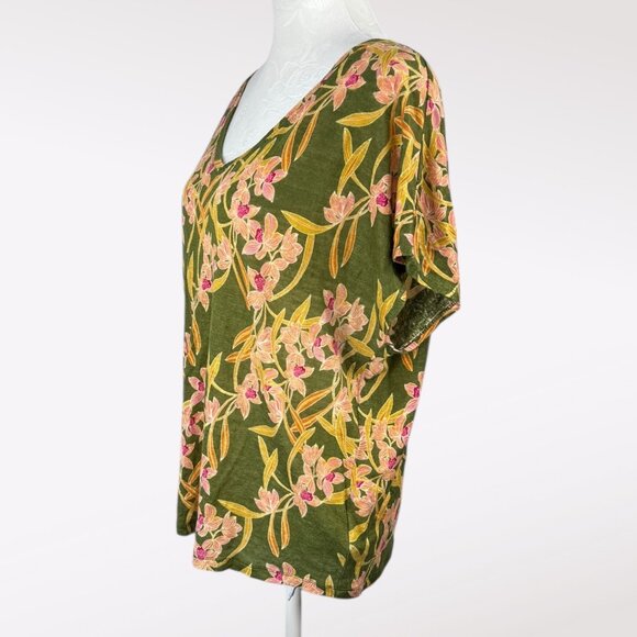 Rachel Zoe Linen Floral Top Green Pink Short Sleeve V Neck Blouse Size Large - Picture 4 of 8